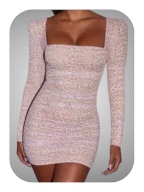 Oh Polly size 2 blush beige fierce leopard ruched long sleeve mini dress